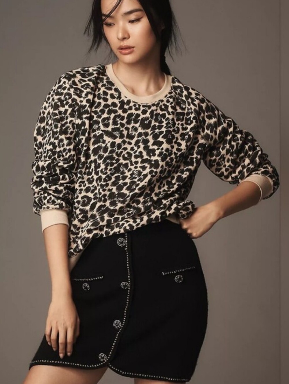 Anthropologie Maeve Leopard Print Crewneck Sweater - Black & Cream